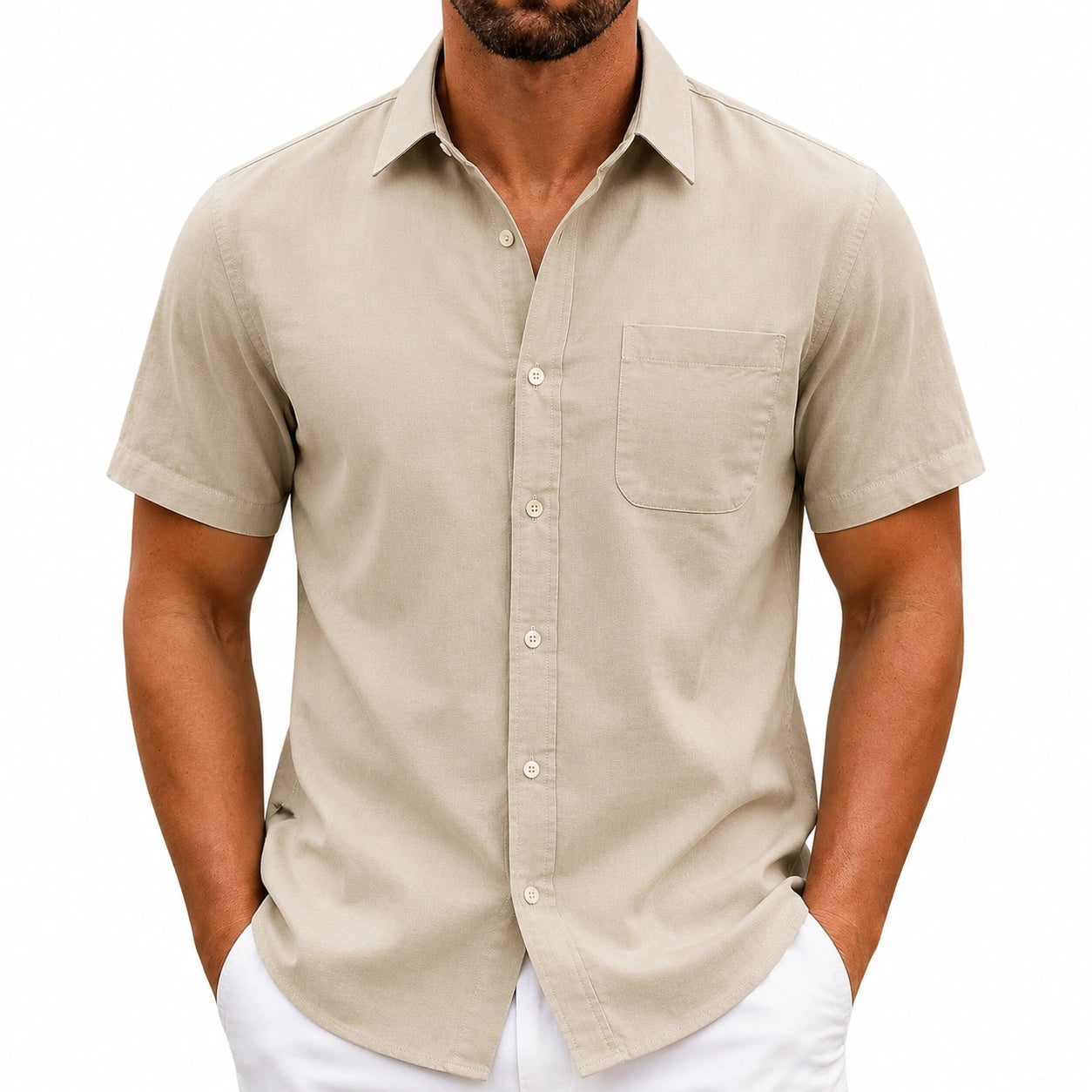 Chemise homme M en coton beige à manches courtes avec poche poitrine