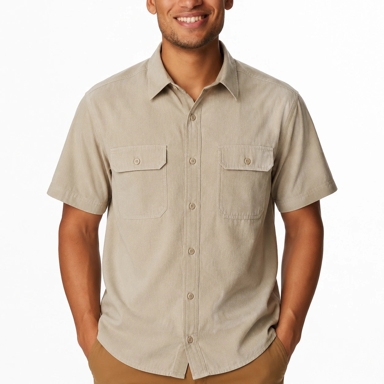 Chemise homme M en tissu tissé beige à manches courtes avec poches poitrine