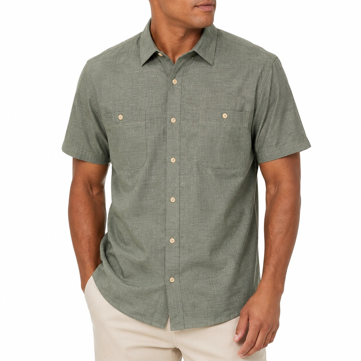 Chemise homme taille L en lin vert kaki à manches courtes décontractée