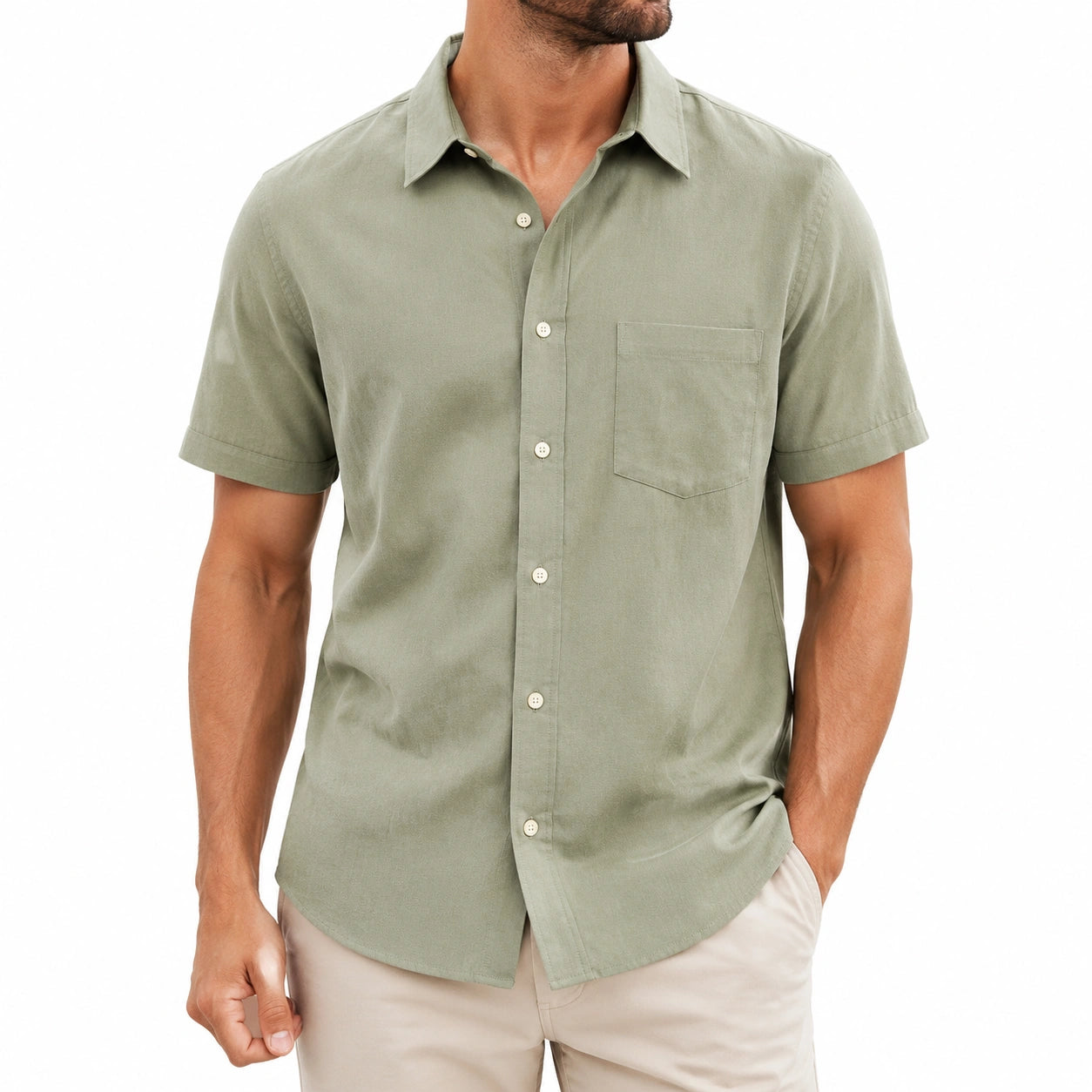Chemise homme XL en tissu vert sauge à manches courtes avec poche poitrine