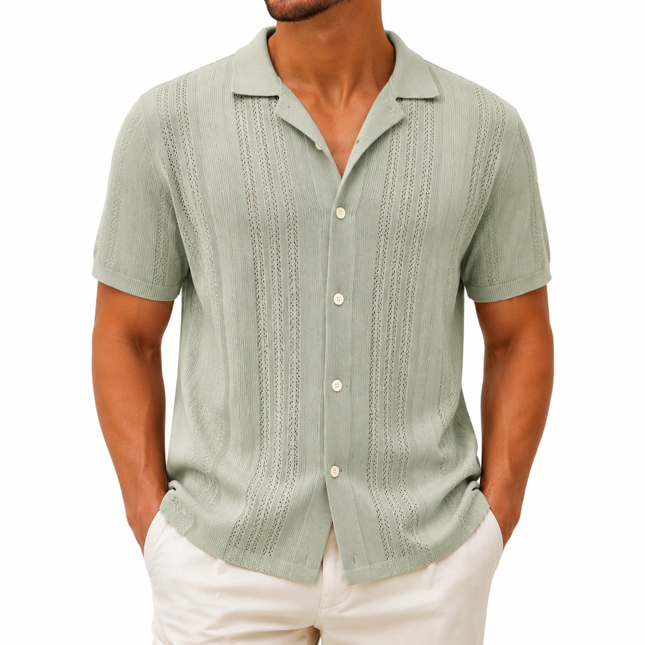 Chemise homme XL en maille vert sauge ajourée à manches courtes