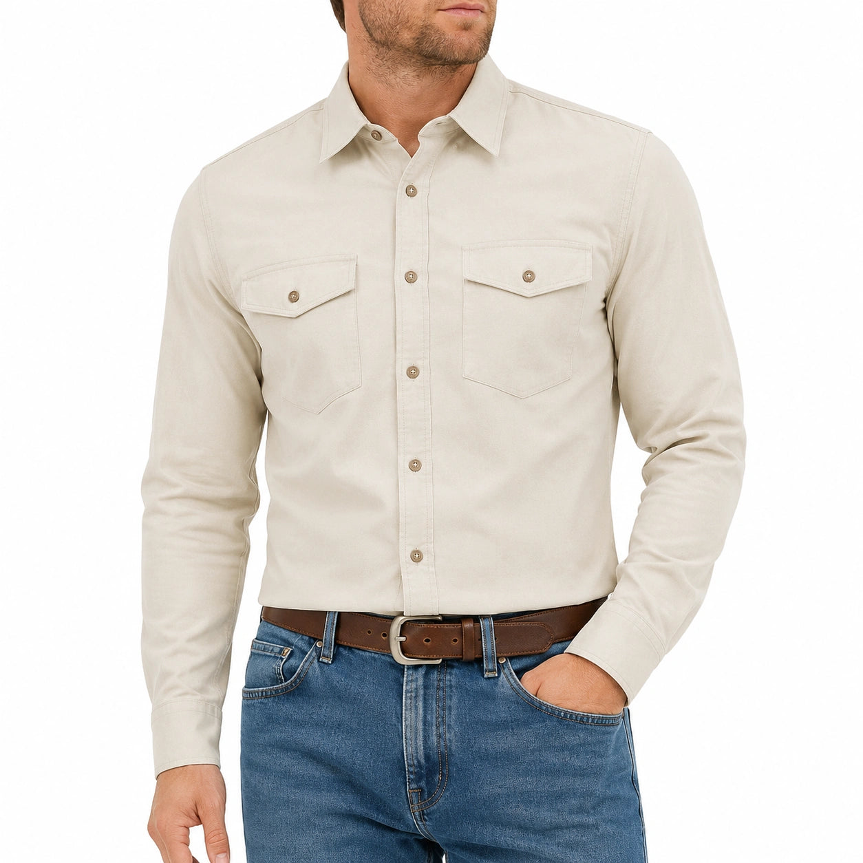 Chemise homme XL en tissu tissé beige à manches longues style utilitaire