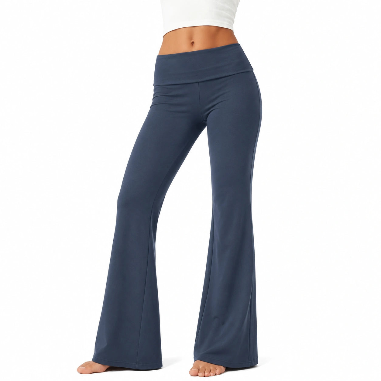 Pantalon de yoga évasé M textile extensible bleu marine taille haute