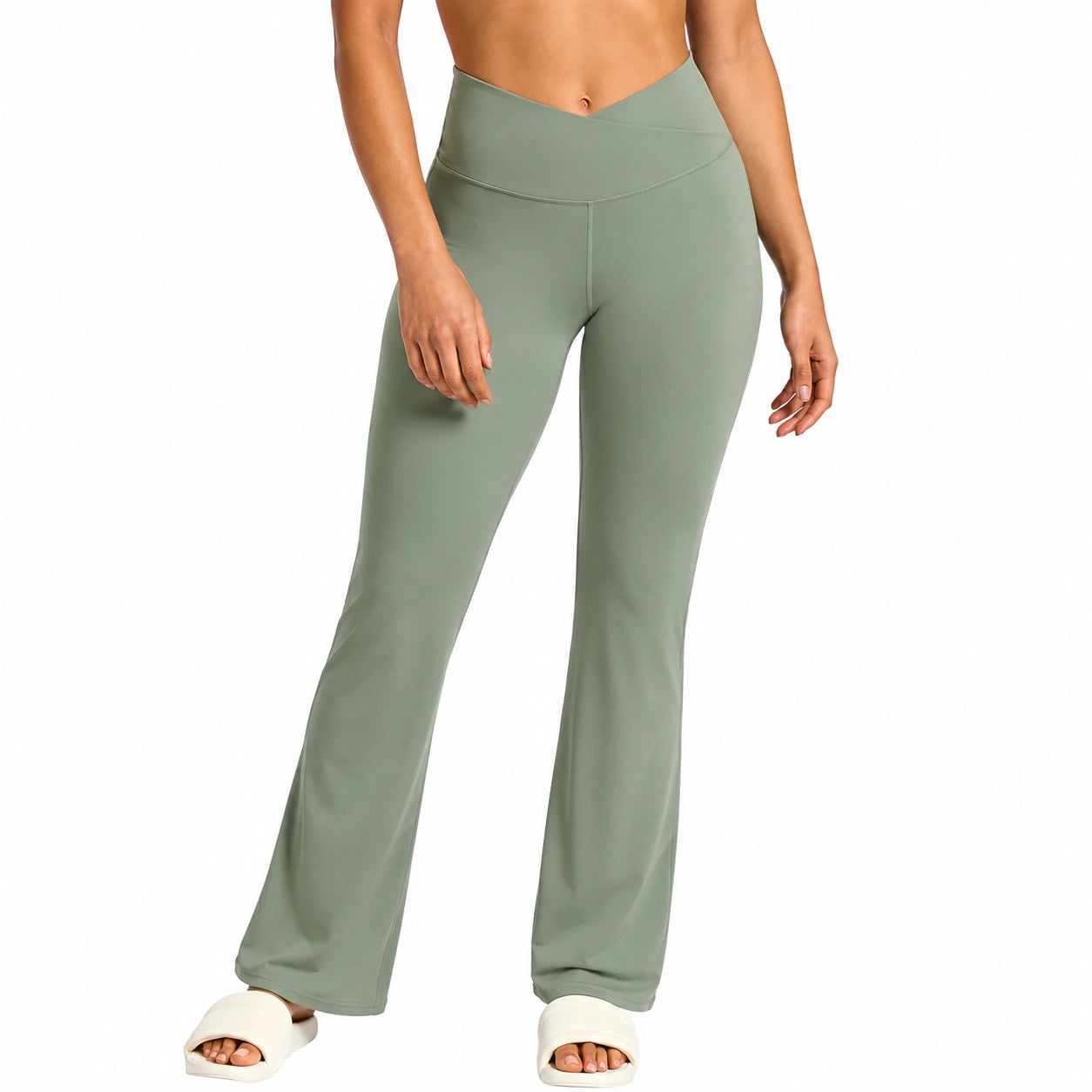 Pantalon de sport femme L taille haute extensible vert sauge coupe évasée