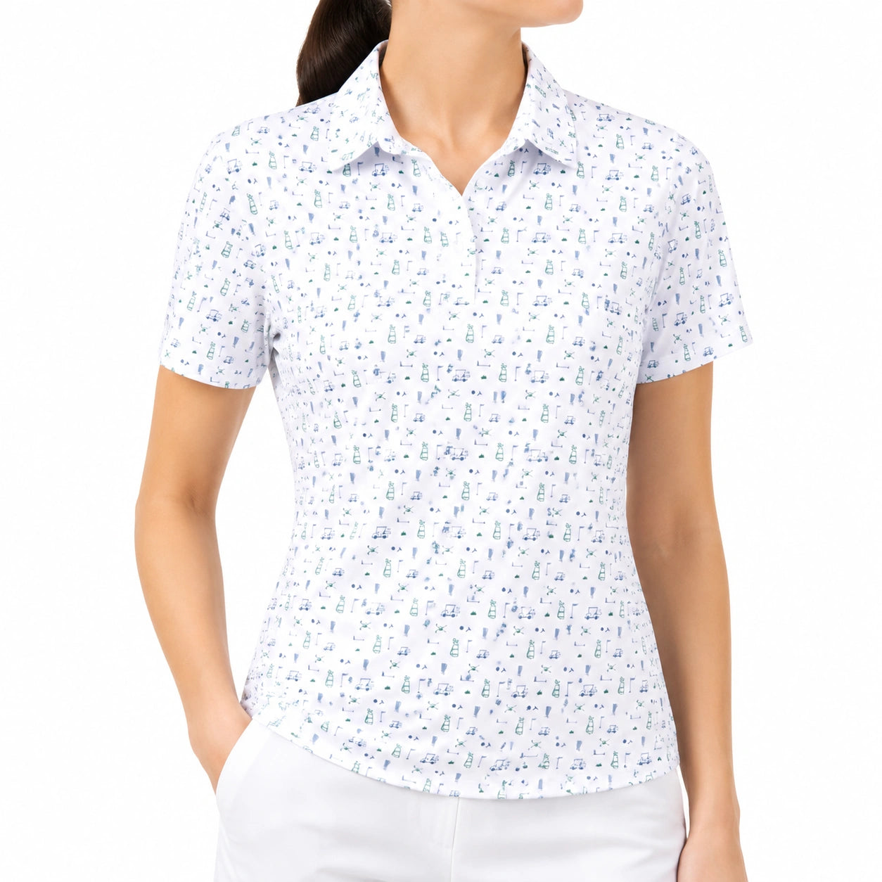 Polo femme taille L blanc imprimé golf manches courtes coupe ajustée
