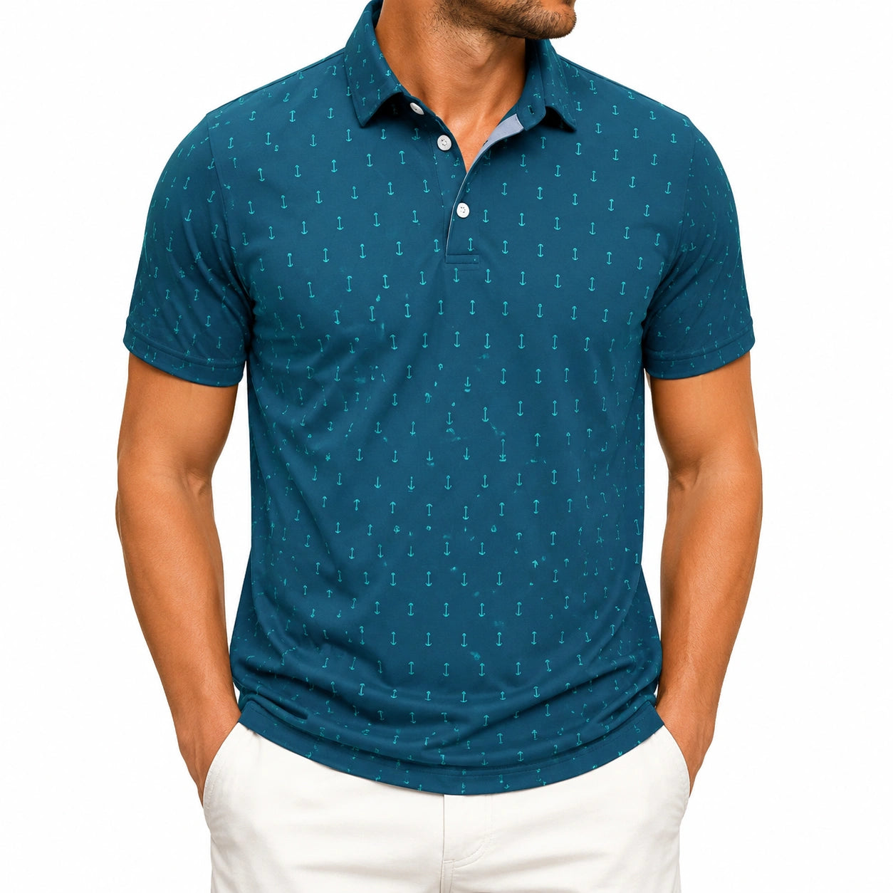 Polo homme taille M bleu pétrole à motifs ancres manches courtes col classique
