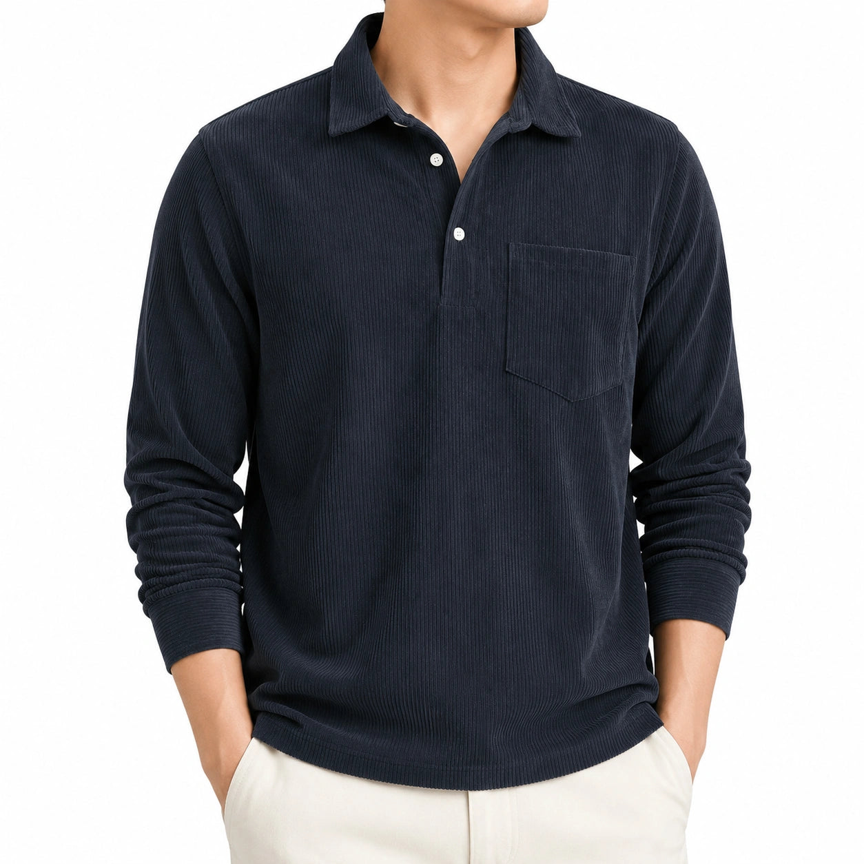 Polo homme XL en tissu côtelé bleu marine à manches longues