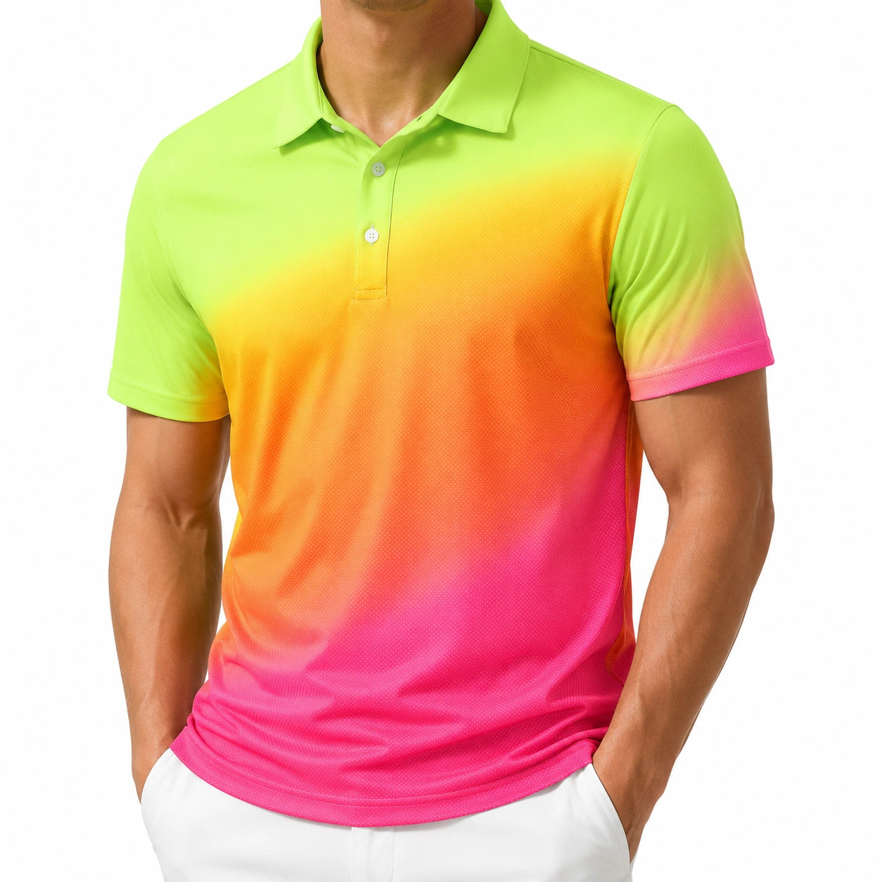 Polo homme XL en maille piquée vert jaune orange rose à manches courtes dégradé