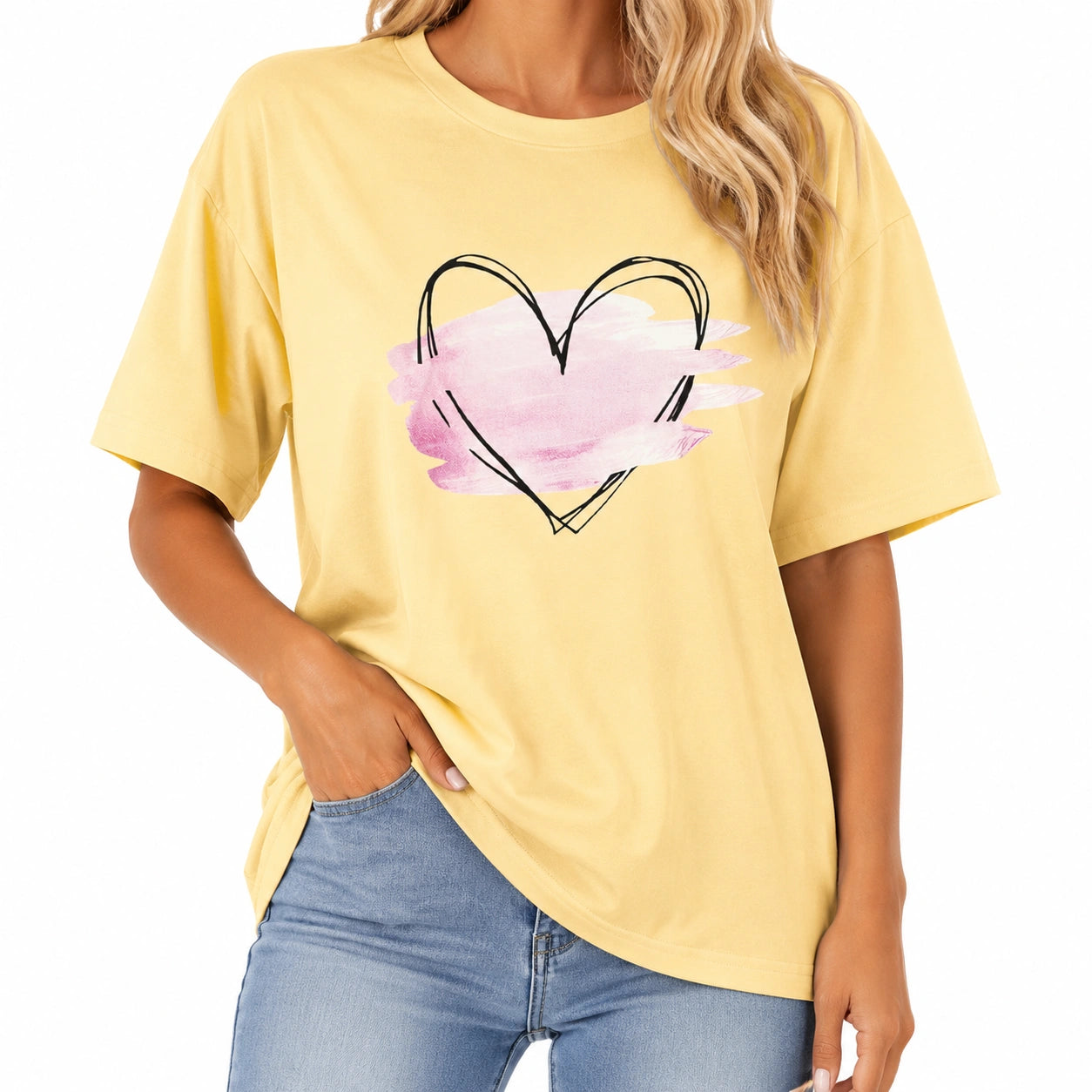 T-shirt femme taille S textile jaune imprimé cœur coupe ample